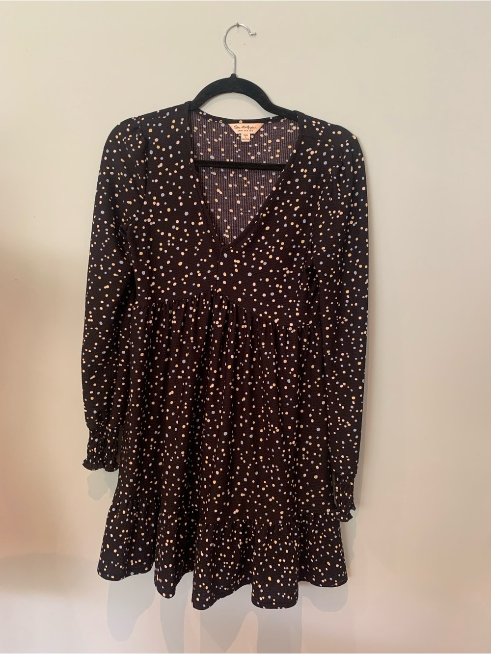Miss Selfridge Black Long Sleeve V-Neck Polka Dot Dress